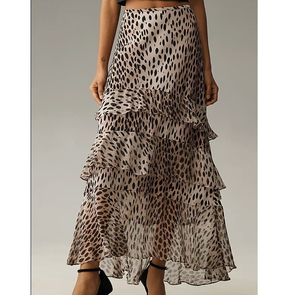 Rixo Leopard Preslee Silk Ruffle Midi Skirt Tan Black 3XL Anthropologie Femme